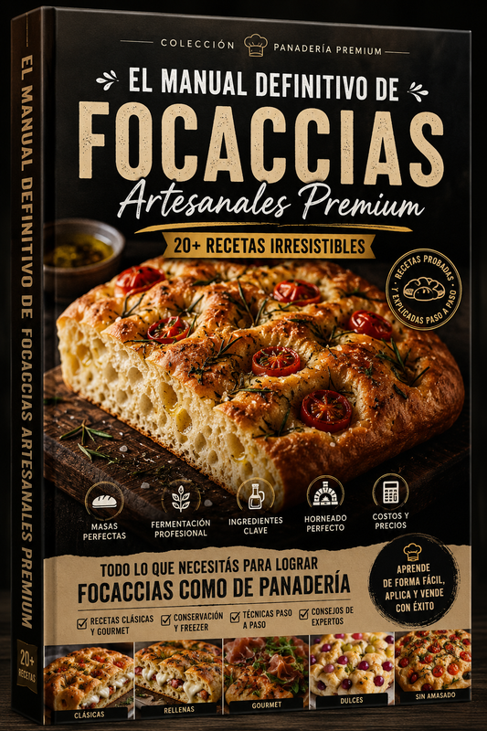 Focaccia Artesanal: El Manual Que Te Vuelve el Panadero del Barrio
  +20 recetas • Técnicas • Fermentación • Conservación • Costos